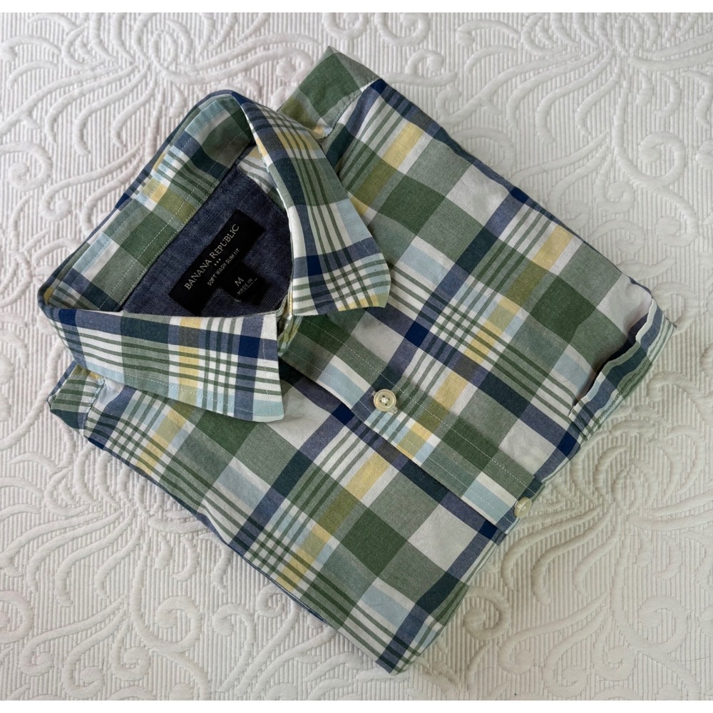 Banana Republic Mens Soft Wash Slim Fit Plaid Shirt Crisp Apple Green Medium